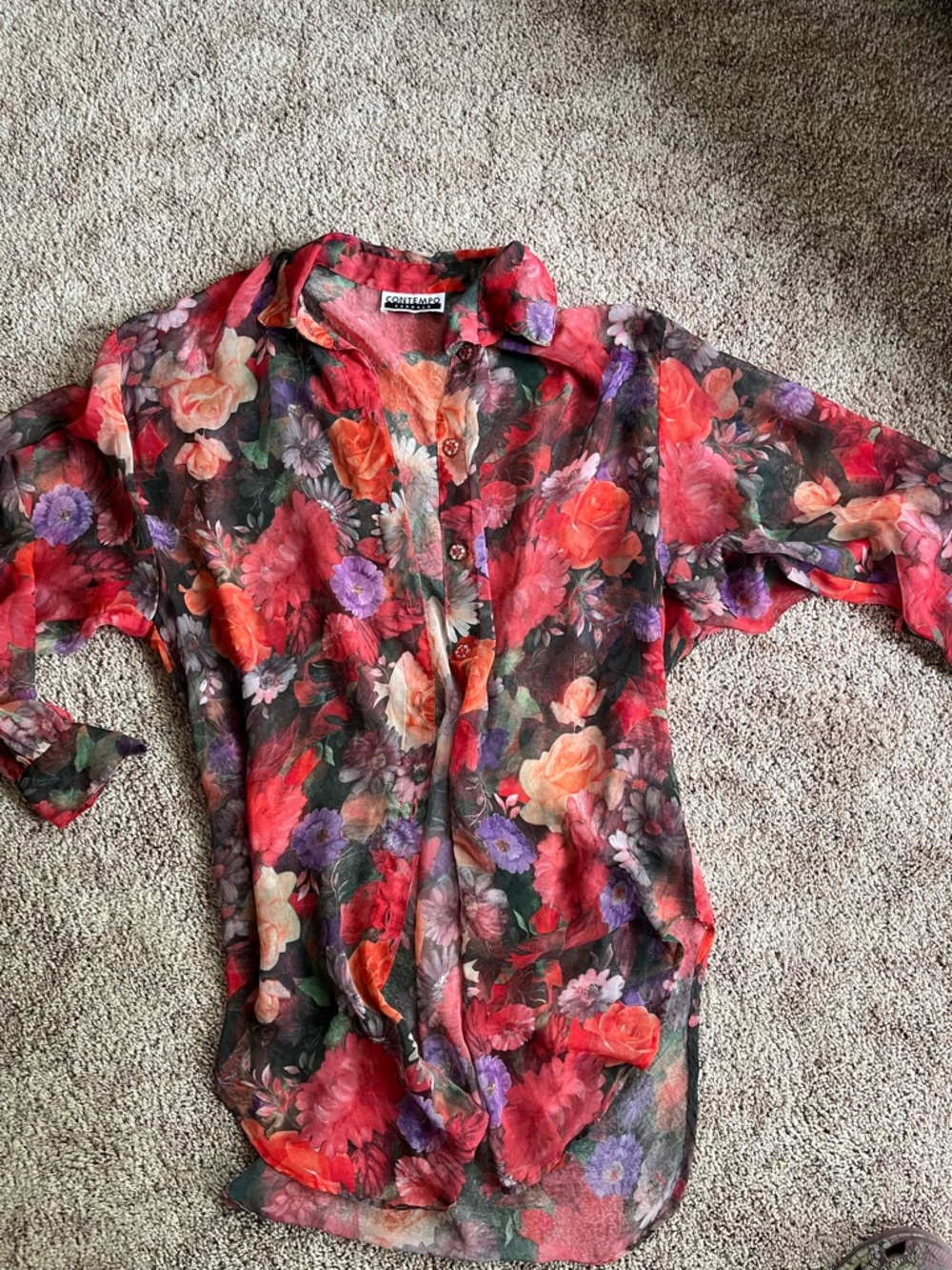 Contempo Casuals Floral Sheer Button-Down Shirt in Red Multi